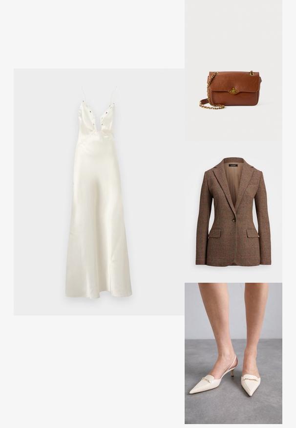 Rjav blazer z teksturo in herringbone vzorcem, enojnim gumbom za zapiranje in dvema sprednjima žepoma. Podložen notranji del z ovratnikom z razrezom.; Satin ivojna obleka z globokim V-izrezom, tankimi naramnicami in cvetličnimi vezeninami. Ima oprijet pas in sproščen krilo.; Kremne barve slingback pete z ostrim nosom in ozkim srednjim peto, ki jih krasi zlat verižni naglas na vampu in gladka usnjena tekstura.; Rjava usnjena torba čez ramo s pokrovom, zlatim okovjem in verižnim trakom. Gladka tekstura, pravokotna oblika, minimalno podrobnosti.