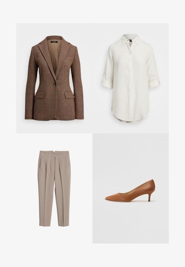 Ruskotettu, herringbone-kuvioitu bleiseri, jossa on yksittäinen nappikiinnitys ja kaksi etutaskua. Vuorattu sisust, jossa on lovellinen kaulus.; Valkoinen pellavapaita, jossa on nappisuljin, lyhyet käännetyt hihat, kaulus ja pyöristetty helma. Varustettu vaaleansävyisillä napilla.; Beige housut, jotka on värjätty tarkasti ja joilla on sileä rakenne, varustettuna kahdella etutaskulla, keskimäisellä vyötärön korkeudella ja suoralinjaisella leikkauksella.; Lauren Ralph Lauren ADRIENNE - Avokkaat - deep saddle tan