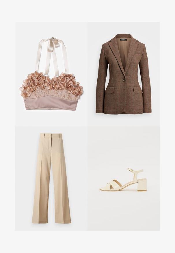 Brown textured blazer with a herringbone pattern, single button closure, and two front pockets. Lined interior with a notched collar.; Nude-colored bralette featuring floral embellishments, lace fabric, satin underlay, and adjustable satin ribbons.; Beige wide-leg trousers made of smooth fabric, featuring a flat front with pleats, a zip fly, and belt loops. Tailored fit overall.; Beige patent leather heeled sandals with cross strap design, open toe, adjustable ankle strap, and a block heel. Smooth texture.