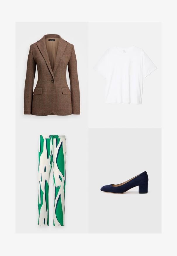 Rjav blazer z teksturo in herringbone vzorcem, enojnim gumbom za zapiranje in dvema sprednjima žepoma. Podložen notranji del z ovratnikom z razrezom.; Bela bombažna majica s kratkimi rokavi, okroglim izrezom, sproščenim krojem in šivanim robom. Oznaka vidna na notranji strani izreza.; Bele hlače z drznim abstraktnim vzorcem v zeleni in temno modri barvi. Oblikovane z ravnim nogavcem in zavarovane s gumbom.; Temno modri nubuk čevlji s koničastim nosom in srednje visokim blokom. Gladka tekstura z diskretnim sijajem in majhnim izrezom spredaj.