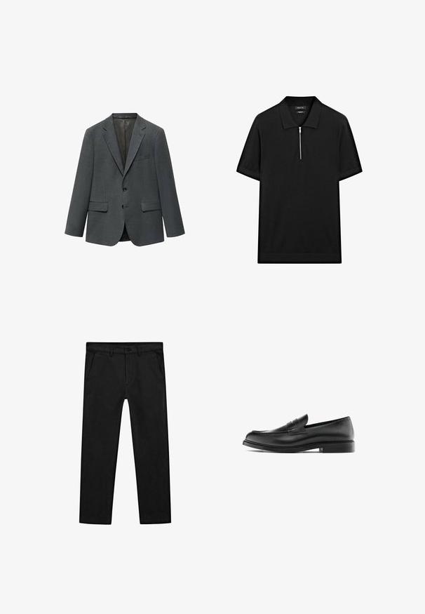 Grauer Blazer aus strukturiertem Stoff, mit Reverskragen, zwei Vordertaschen und einem ein-knopf Verschluss. Gefüttertes Innenleben sichtbar.; Schwarzes kurzärmliges Poloshirt mit Stehkragen und einem Reißverschluss vorne. Hergestellt aus einem glatten Stoff mit einem klaren, minimalistischen Design.; Schwarze Baumwollhose mit geradem Bein, Vorderentaschen sowie klassischem Knopfverschluss und Reißverschluss. Glatte Textur, maßgeschneiderte Passform.; Schwarzer Leder-Pennyloafer mit niedrigem Absatz, runder Zehenform und gesticktem Detail entlang des Oberleders, seitlich auf einem weißen Hintergrund dargestellt.