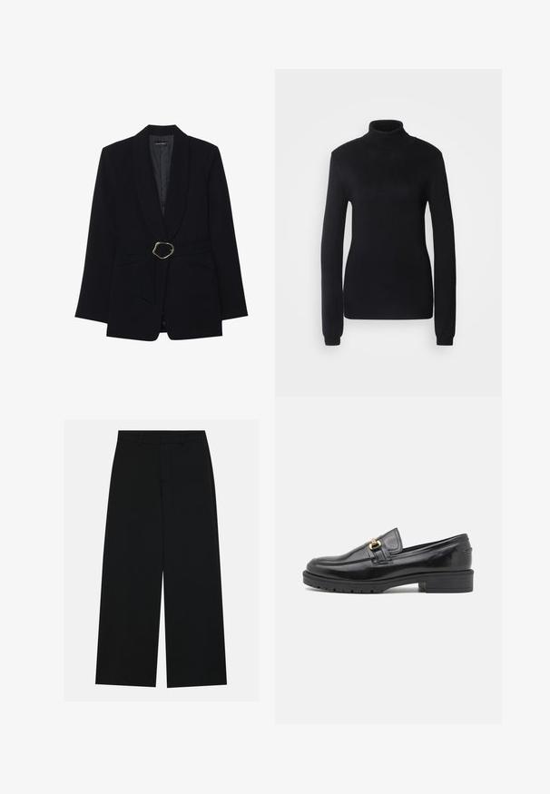 Svart skreddersydd blazer med sjal krage, belted midje med en gullfarget metallspenne, og to frontlommer. Glatt stofftekstur.; Svart turtleneck genser laget av myk strikket stoff, med lange ermer og en tettsittende silhuett med en ribbestrikket krage og kant.; Vide benklær i svart, laget av et glatt stoff. Har en flat midje med beltehemper og ingen synlige lommer. Enkelt design.; Sorte lakkloafers med rund tå, gullhardwaredetaljer, teksturert gummisåle og lav blokkheel.