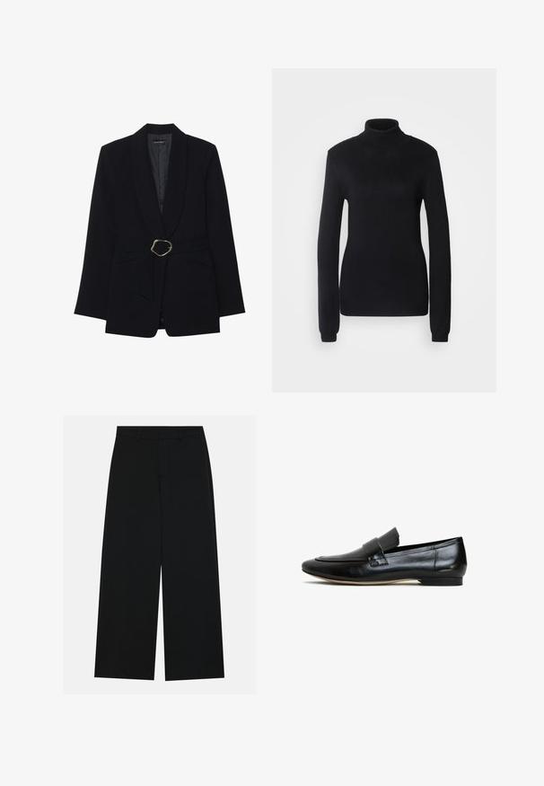 Czarna dopasowana marynarka z kołnierzem szalowym, z paskiem w talii z metalową klamrą w złotym odcieniu oraz dwiema przednimi kieszeniami. Gładka tekstura materiału.; Czarny sweter typu golf wyk wykonany z miękkiego dzianinowego materiału, z długimi rękawami i dopasowanym krojem, z prążkowanym kołnierzem i dołem.; Szerokie czarne spodnie wykonane z gładkiego materiału. Posiadają płaski pas z szlufkami na pasek oraz brak widocznych kieszeni. Prosty design.; Czarne skórzane loafersy o gładkim wykończeniu, z okrągłym noskiem i dekoracyjnym paskiem na wierzchu. Lekka podeszwa z delikatnym obcasem.