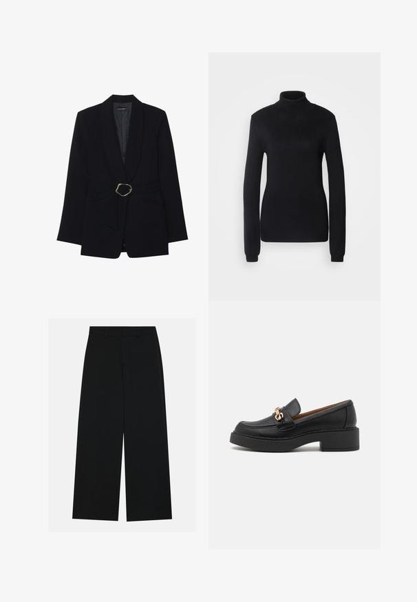 Blazer preto ajustado com colarinho xale, cintura cingida com fivela metálica dourada e dois bolsos frontais. Textura de tecido suave.; Suéter de gola alta preto feito de um tecido de malha suave, com mangas longas e uma silhueta ajustada, apresentando um colarinho e bainha canelados.; Calças pretas de perna larga feitas de um tecido suave. Apresentam uma cintura plana com passantes para cinto e sem bolsos visíveis. Design simples.; Mocassins de couro preto com sola de plataforma robusta, apresentando um destacado detalhe em metal dourado no peito do pé e costuras visíveis.