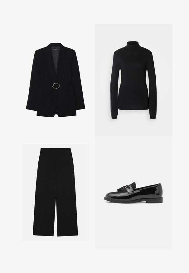 Černý sak s přiléhavým střihem a šálovým límcem, opaskem v pase se zlatým kovovým sponou a dvěma předními kapsami. Hladká textilie.; Černý rolák vyrobený z měkké pleteniny, s dlouhými rukávy a přiléhavým střihem, který má vroubkovaný límec a lem.; Široké černé kalhoty vyrobené z hladké tkaniny. Mají plochý pas s poutek na opasek a žádné viditelné kapsy. Jednoduchý design.; Černé lakované kožené mokasíny s kulatou špičkou, ozdobným černým semišovým páskem a plochou gumovou podrážkou. Hladký povrch s lesklým zakončením.