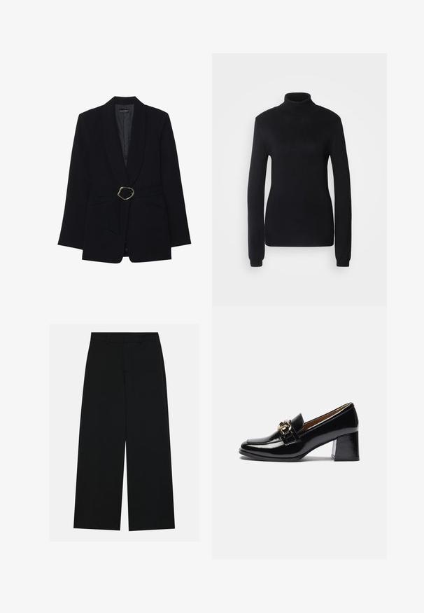 Melnā pielāgotā žakete ar šāla apkakli, jostasvietu, kas izrotāta ar zelta krāsas metāla sprādzi, un divām priekšējām kabatām. Gluda auduma tekstūra.; Melns augsta kakla džemperis, izgatavots no mīksta adīta auduma, ar garām piedurknēm un pieguļošu siluetu, kuram ir ribota apkakle un apakšmalā.; Platām kājām melni bikses, izgatavotas no gludas auduma. Ar plakanu jostasvietu un jostu cilpiņām, bez redzamām kabatām. Vienkāršs dizains.; Melnas lakotu ādu zābaki ar papēdi, ar noapaļotu purngalu, masīvāku papēdi un zelta toņa metāla akcentu priekšējā siksniņā.