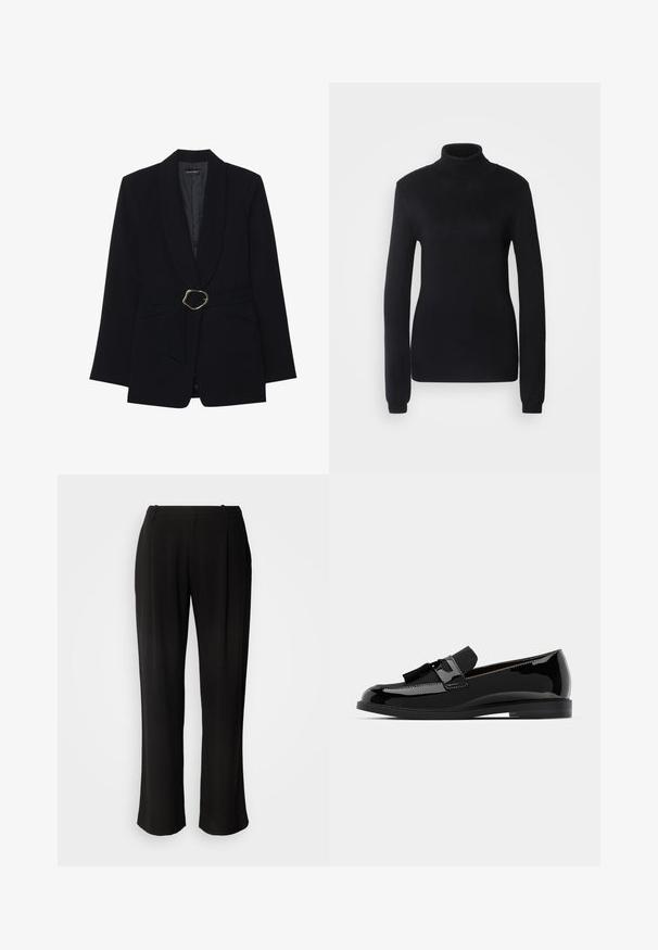 Veste noire ajustée avec un col châle, taille ceinturée dotée d'une boucle en métal doré et deux poches avant. Texture de tissu lisse.; Pull en col roulé noir fabriqué dans un tissu en maille douce, présentant des manches longues et une silhouette ajustée avec un col et un ourlet côtelés.; Pantalons larges noirs en tissu léger, dotés d'un devant plat, de plis et d'une taille classique.; Mocassins en cuir verni noir à talon plat, avec un accent de gland et une surface lisse, conçus avec un bout arrondi et une couture discrète.
