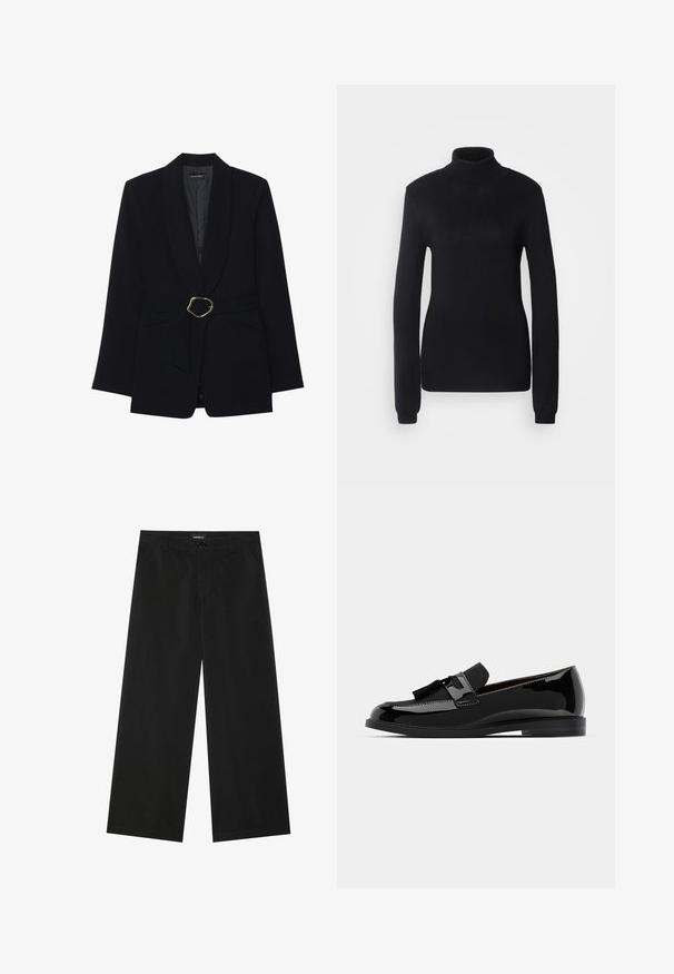 Veste noire ajustée avec un col châle, taille ceinturée dotée d'une boucle en métal doré et deux poches avant. Texture de tissu lisse.; Pull en col roulé noir fabriqué dans un tissu en maille douce, présentant des manches longues et une silhouette ajustée avec un col et un ourlet côtelés.; Pantalons larges noirs en tissu lisse, avec une fermeture à bouton à l'avant et deux poches latérales ; design épuré sans motifs visibles.; Mocassins en cuir verni noir à talon plat, avec un accent de gland et une surface lisse, conçus avec un bout arrondi et une couture discrète.