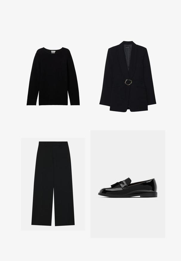 Zwarte op maat gemaakte blazer met een sjawl kraag, een ceintuur in de taille met een goudkleurige metalen gesp en twee voorzakken. Gladde stofstructuur.; Zwarte, langwerpige trui van ribstof met een ronde halslijn en verlaagde schouders, met een ontspannen pasvorm en zonder zichtbare accenten.; Zwart, wijde broek van een gladde stof. Heeft een plat tailleband met riemlussen en geen zichtbare zakken. Eenvoudig ontwerp.; Zwarte lakleren loafers met een platte hak, voorzien van een kwastaccent en een glad oppervlak, ontworpen met een ronde neus en subtiele stiksels.