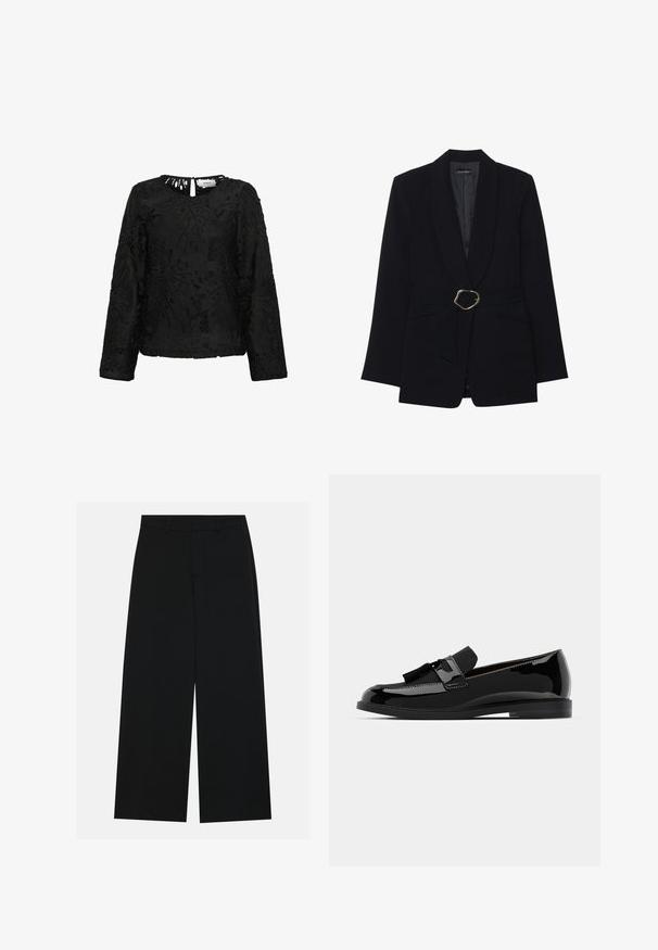 Musta räätälöity jakku, jossa on shaalikaulus, vyötärölle solmittava vyö kultaisilla metallisoljilla ja kaksi etutaskua. Sileä kankaan rakenne.; Mustapaita, jossa on pitkät hihat, monimutkainen kukkakuvioitu pitsimuotoilu, pyöreä kaula-aukko ja pieni avaus selässä. Teksturoitu pinta.; Löysi mustat housut, jotka on valmistettu sileästä kankaasta. Niissä on tasainen vyötärö, jossa on vyölenkit, eikä näkyviä taskuja. Yksinkertainen muotoilu.; Musta patentoitu nahkakengät, joissa on litteä korko, tasselikoriste ja sileä pinta, muotoiltu pyöreällä varvalla ja huomaamattomalla ompeleella.