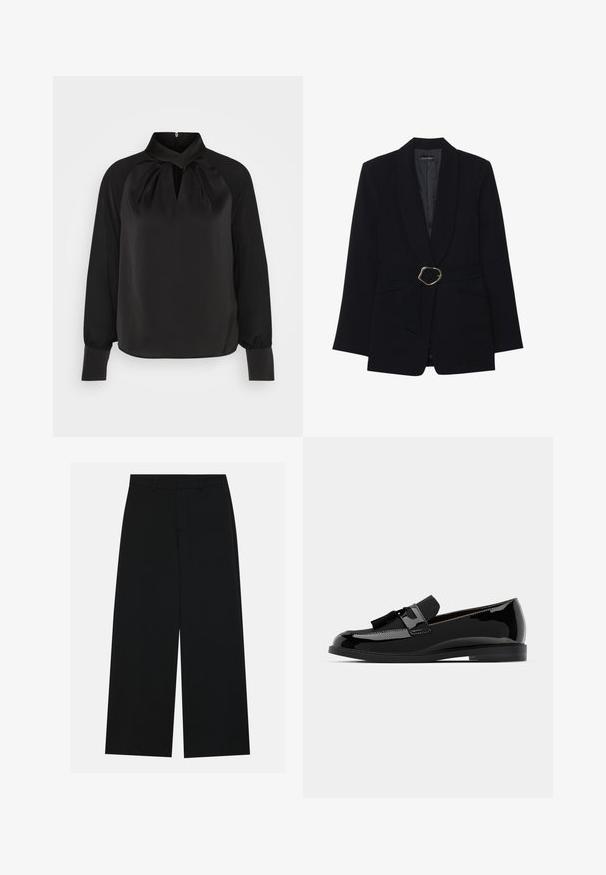 Blazer negro entallado con cuello de chal, cintura con cinturón que presenta una hebilla de metal en tono dorado y dos bolsillos frontales. Textura de tela suave.; Blusa de satén negra con cuello alto, detalles plisados en el cuello y mangas largas con puños ajustados. Textura suave, diseño minimalista.; Pantalones negros de pierna ancha hechos de una tela suave. Presentan una cintura plana con pasadores de cinturón y sin bolsillos visibles. Diseño sencillo.; Mocasines de charol negro con tacón plano, con un acento de borlas y superficie lisa, diseñados con una puntera redondeada y costuras sutiles.