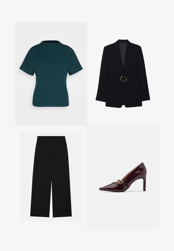 Sacou negru, realizat pe comandă, cu guler șal, talie accentuată printr-un cordon cu cataramă din metal auriu și două buzunare frontale. Textura materialului este netedă.; Top scurt teal cu guler înalt, realizat dintr-un material neted. Prezintă o siluetă ajustată și detalii de cusătură minime.; Pantaloni negri cu picioare largi, confecționați dintr-un material fin. Dispun de un talie plată cu bucle pentru curea și nu au buzunare vizibile. Design simplu.; Pantofii cu toc înalt de culoare burgundă, cu vârful ascuțit și curea la gleznă, având accesorii din aur, și un finisaj elegant și lucios. Toc stiletto înălțat.