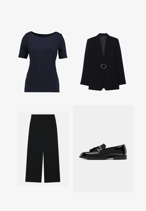 Svart skreddersydd blazer med sjal krage, belted midje med en gullfarget metallspenne, og to frontlommer. Glatt stofftekstur.; Mørkeblå kortermet T-skjorte laget av bomull. Har en scoop-hals og en avslappet passform medSidesplitter for økt bevegelsesfrihet.; Vide benklær i svart, laget av et glatt stoff. Har en flat midje med beltehemper og ingen synlige lommer. Enkelt design.; Sorte patent lær loafers med flad hæl, med frynsedetalje og glat overflade, designet med rund tå og diskrete syninger.