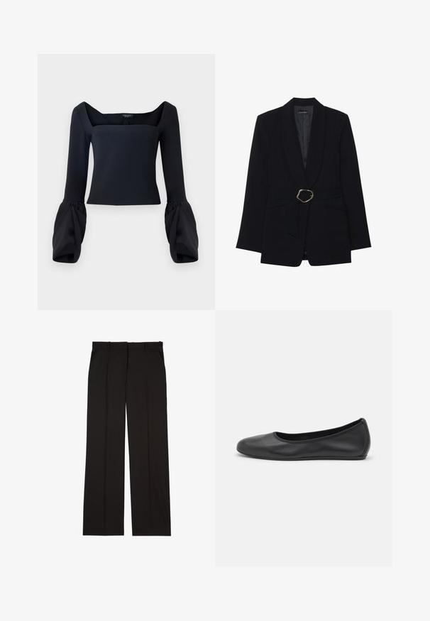 Schwarzer taillierter Blazer mit Schalkragen, taillierter Taille mit einer goldfarbenen Metallschnalle und zwei vorderen Taschen. Glatte Stoffstruktur.; Schwarz langärmliges Oberteil mit quadratischem Ausschnitt, voluminösen, gefütterten Ärmeln und einem taillierten Oberteil aus einem glatten Stoff.; Schwarze, maßgeschneiderte Hosen aus einem glatten Stoff, mit geradem Bein und zwei Seitentaschen. Elegante und minimalistische Konstruktion.; Schwarze Leder-Ballettschuhe mit abgerundeter Spitze, glatter Textur, minimalen Nähdetails und einem flexiblen Sohlen-Design.
