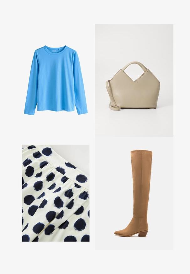 Rosa blazer med skräddarsydd passform, två knappar, slagkragar och sidfickor. Slät tyg med en något texturerad yta.; Blå långärmad t-shirt i mjuk bomull. Har en rund halsringning och rak skärning med sydda fållar utan mönster.; Vit tygkjol med marinblå cirkulära prickar. Kjolen har en rynkad midja och en slät textur.; Knähöga bruna stövlar i ett slätt material med spetsig tå och låg klack. Enkel design, utan synliga mönster eller detaljer.; Beige strukturerad handväska med V-formad topp, slät lädermaterial, korta handtag och en lång justerbar rem. Minimalistisk design.