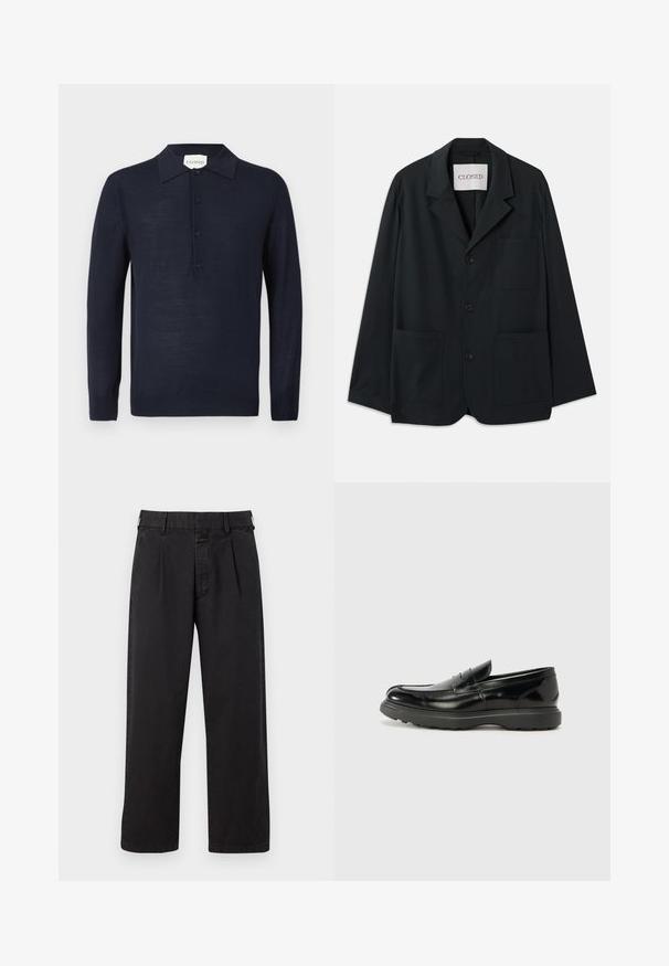 CLOSED WORKWEAR - Sacou - dark night; Pulover polo cu mâneci lungi de culoare albastru marin, cu sistem de butonare și mansete cu dantelă, expus pe un fundal alb.; Pantaloni din bumbac negri, cu croială dreaptă, având un față plisată, bucle pentru centură și închidere cu nasture. Textură netedă, fără modele.; Mocasin din piele neagră cu o finisare lucioasă, vârf rotunjit, detalii de cusătură subtile și o talpă groasă din cauciuc pentru durabilitate.