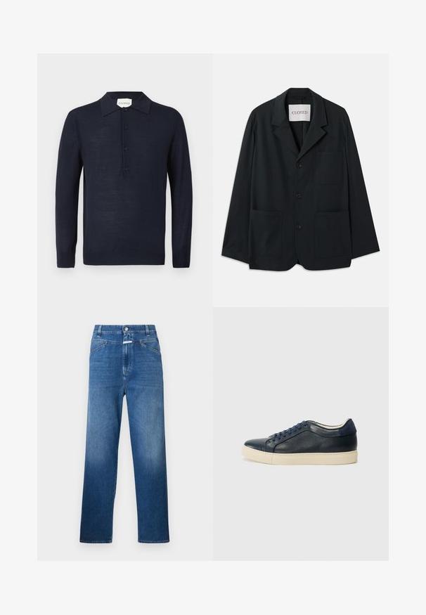 CLOSED WORKWEAR - Sacou - dark night; Pulover polo cu mâneci lungi de culoare albastru marin, cu sistem de butonare și mansete cu dantelă, expus pe un fundal alb.; Jeans din denim albastru cu o croială dreaptă, având închidere cu nasture, bucle pentru curea și o ușoară decolorare pe coapse.; Sneaker din piele de culoare albastră închisă, cu talpă din cauciuc crem, având șireturi albastre și o textură netedă. Vârful rotund și design minimalist.