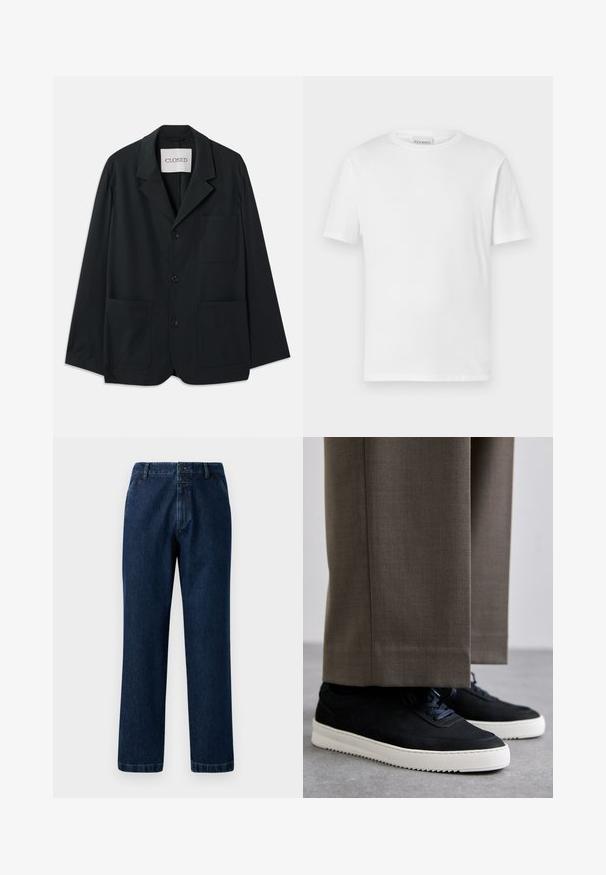 CLOSED WORKWEAR - Sako - dark night; Bílý krátký rukáv tričko vyrobené z bavlny. Má kulatý výstřih a rovný lem. Bez vzorů nebo ozdob. Jednoduchý design.; Tmavě modré džíny z denimu se střihem rovného nohavice, s knoflíkovým zapínáním a poutky na opasek. Tkanina má jemnou texturu a klasické švy.; Černé semišové tenisky s bílými gumovými podrážkami, s kulatou špičkou a tkaničkami, obuté s šedými úzkými kalhotami.