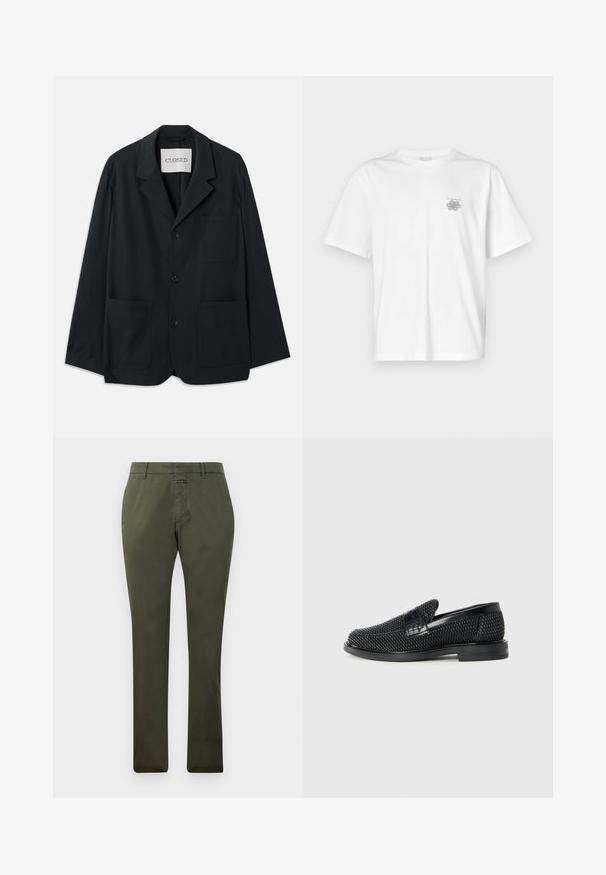 CLOSED WORKWEAR - Veste de costume - dark night; T-shirt blanc en coton avec des manches courtes, un col ras du cou et un petit logo gris sur la partie gauche de la poitrine. Texture lisse.; Pantalon droit vert olive avec passants de ceinture, fermeture éclair à l'avant et fermeture à bouton, présenté sur un fond blanc uni.; Chaussure slip-on tissée noire avec un accent en cuir lisse sur le dessus, un design à bout rond et une semelle en caoutchouc à profil bas.