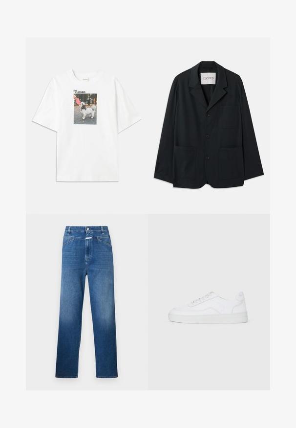 CLOSED WORKWEAR - Blazer jacket - dark night; White cotton t-shirt featuring a rectangular photo print of a dog with a pink frisbee. Text above the image reads "Stay CLOSED."; Blue denim jeans with a straight-leg cut, featuring a button closure, belt loops, and subtle fading on the thighs.; White low-top sneaker with lace-up front, smooth upper, and rubber sole on plain light background.