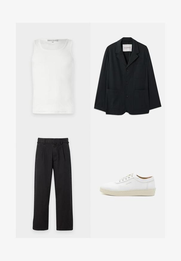CLOSED WORKWEAR - Sako - dark night; Biely bavlnený tielko s okrúhlym výstrihom a bezrukávovým dizajnom. Má rebrovanú štruktúru a rovný lem na spodnej strane.; Čierne bavlnené nohavice rovného strihu s plisovaným predným dielom, pútkami na opasok a zapínaním na gombík. Hladká textúra bez vzorov.; Biele kožené tenisky s textúrovaným povrchom, okrúly špička, béžová gumová podrážka a šesť sivých vystužených očiek na šnúrky, so subtílnym brandingom na boku.