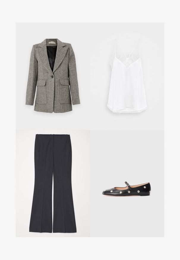 Blazer à motif chevrons en gris, avec col cranté, fermeture à un bouton, deux poches avant et une doublure noire.; Camisole blanche avec un décolleté en V, des fines bretelles, des touches de dentelle texturée au niveau des épaules, et un ourlet courbé. Texture de tissu lisse.; Pantalons évasés gris foncé en tissu texturé avec poches avant, devant plat et passants de ceinture à la taille. Pas de fermetures visibles.; Chaussure plate en cuir noir type Mary Jane avec un bout arrondi, ornée de clous ronds en argent et dotée d'une sangle réglable avec une boucle.