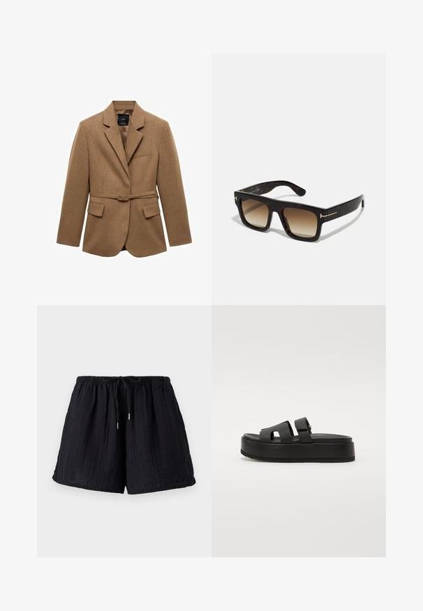 Blazer maro, cu curea, realizat dintr-un material texturat, având un guler tăiat, un buzunar pe piept și două buzunare frontale. Croi ajustat.; Pulover supradimensionat de culoare crem, fabricat dintr-un material moale. Prezintă un guler și manșete ribbate, cu un corp neted. Ideal pentru straturi.; Pantaloni scurți din bumbac negri cu o finisare texturată, zdruncinată. Au un talie elastică și un șnur reglabile pentru confort și ajustare.; Sandale negre cu talpă înaltă, cu două curele largi, fabricate dintr-un material neted. Prezintă o talpă robustă cu un fund texturat pentru aderență.; Ochelari de soare cu cadru pătrat din material tortoiseshell, lentile de nuanță maro în degradeu și accente de hardware aurii subtile pe brațe.