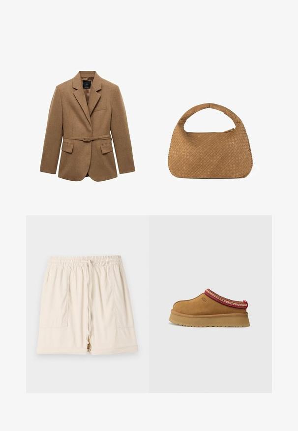 Blazer marrone con cintura realizzato in tessuto testurizzato, dotato di colletto a rever, taschino singolo sul petto e due tasche frontali. Vestibilità su misura.; Canottiera bianca in cotone, presenta un design semplice con scollatura rotonda e logo nero "HUGO" al centro. Texture liscia.; Shorts in cotone beige con vita elasticizzata, coulisse e due tasche laterali; presentano una vestibilità rilassata e orlo arrotolato.; Scarpa slip-on in suede marrone con bordi a motivo rosso e crema, suola testurizzata e logo UGG di lato. Presenta un leggero rialzo della suola.; Borsa intrecciata color cammello con manico arrotondato, realizzata in morbida pelle. Presenta una chiusura con zip e un intricato motivo a cesto.