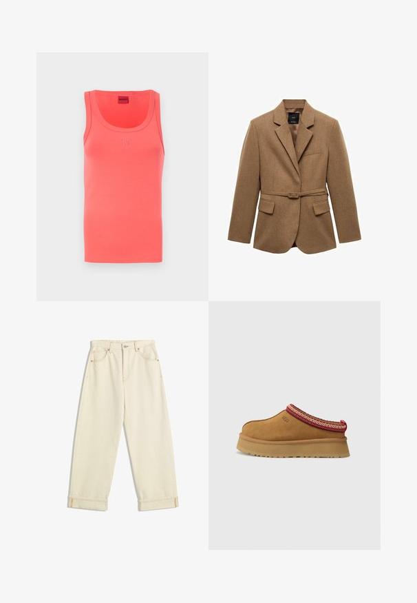Hnedý sako s opaskom vyrobené z textúrovanej tkaniny, s klopovým golierom, jedným vreckom na hrudi a dvoma prednými vreckami. Prispôsobený strih.; Korálový top s okrúhlym výstrihom a priliehavým strihom. Obsahuje embosované logo "HUGO" v zodpovedajúcej farbe na prednej časti. Mäkký materiál.; Krémové džínsy so voľným strihom, s prehnutými lemami, kontrastným oranžovým prešívaním a prednými a zadnými vreckami.; Hnedá semišová obuv na slip-on s červeným a krémovým vzorovaným lemovaním, textúrovanou podrážkou a logom UGG na boku. Obsahuje mierne zvýšenú platformu.
