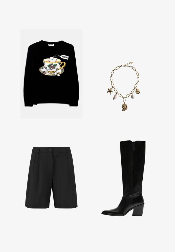 Blazer noir court avec un col cranté, une fermeture à un bouton et des manches longues. Associez-le à un pantalon noir taille haute pour un look coordonné.; Pull noir avec une tasse à thé brodée, accompagnée d'un sachet de thé et de décorations florales. Le design comprend une soucoupe sous la tasse.; Shorts noirs au design soigné, avec des plis avant, un front plat et une fermeture à un bouton. Tissu à texture lisse.; Bottes noires montantes en cuir lisse, avec un bout pointu, un talon bloc et une découpe en V en haut.; Mango Collier - gold-coloured