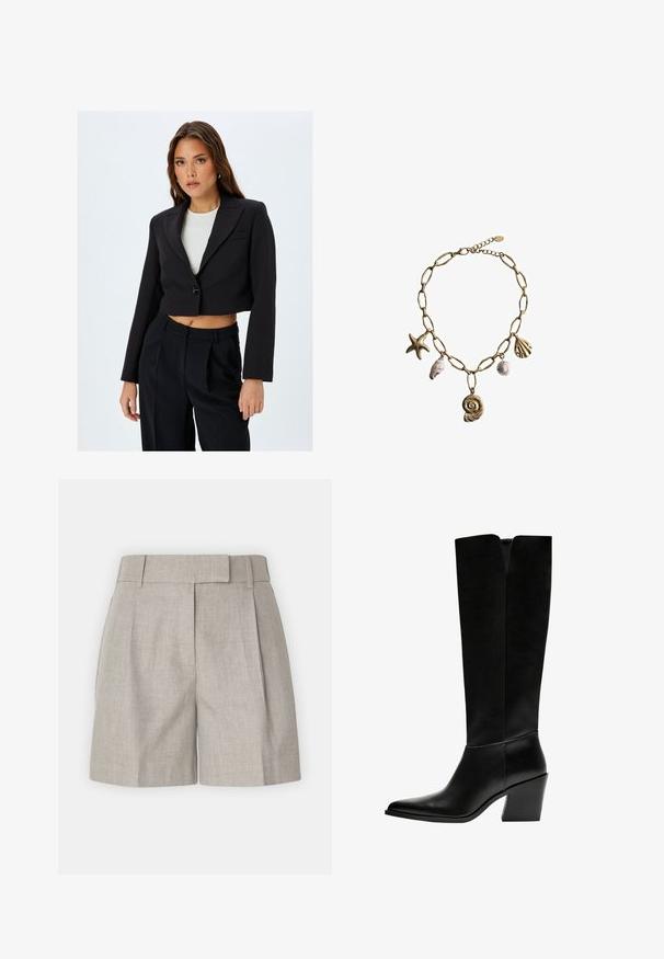 Schwarzer verkürzter Blazer mit Reverskragen, einem Knopfverschluss und langen Ärmeln. Kombinieren Sie ihn mit hochtaillierten schwarzen Hosen für einen abgestimmten Look.; Zwei figurbetonte T-Shirts: eines in Creme und eines in Schwarz. Hergestellt aus weicher, strukturiertem Baumwolle, mit kurzen Ärmeln und rundem Halsausschnitt.; Hellgraue Shorts mit einem strukturierten Taillenbund, Falten und einem lockeren Sitz aus glattem Leinen. Einfaches und vielseitiges Design.; Schwarze kniehohe Stiefel aus glattem Leder, mit spitzem Schuhbund, einem Blockabsatz und einem V-förmigen Ausschnitt an der Oberseite.; Mango Halskette - gold-coloured