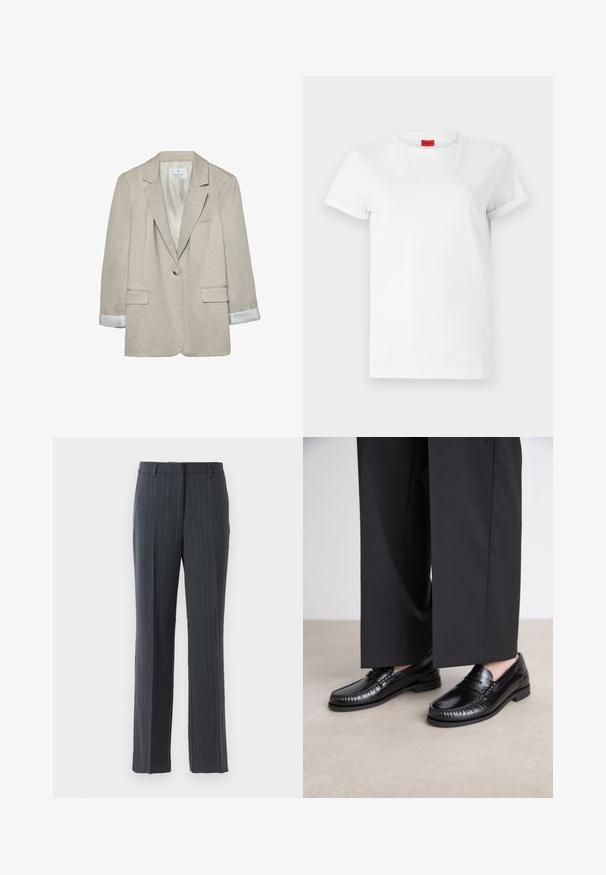 Beige Blazer aus leichtem Stoff, mit einem Knopfverschluss, Reverskragen und gestreiften Ärmelabschlüssen. Inklusive zwei Fronttaschen.; Weißes Kurzarm-T-Shirt aus leichtem Baumwollstoff. Hat einen runden Halsausschnitt und umgeschlagene Ärmel. Rotes Logo-Tag am Kragen.; Dunkelgraue, gestreifte, gerade geschnittene Anzughosen mit Gürtelschlaufen und vorderem Reißverschluss auf einem weißen Hintergrund.; Schwarze Lederloafers mit glatter Oberfläche, genähten Details um die Zehen und einer niedrigen Gummisohle. Kombiniert mit weiten schwarzen Hosen.