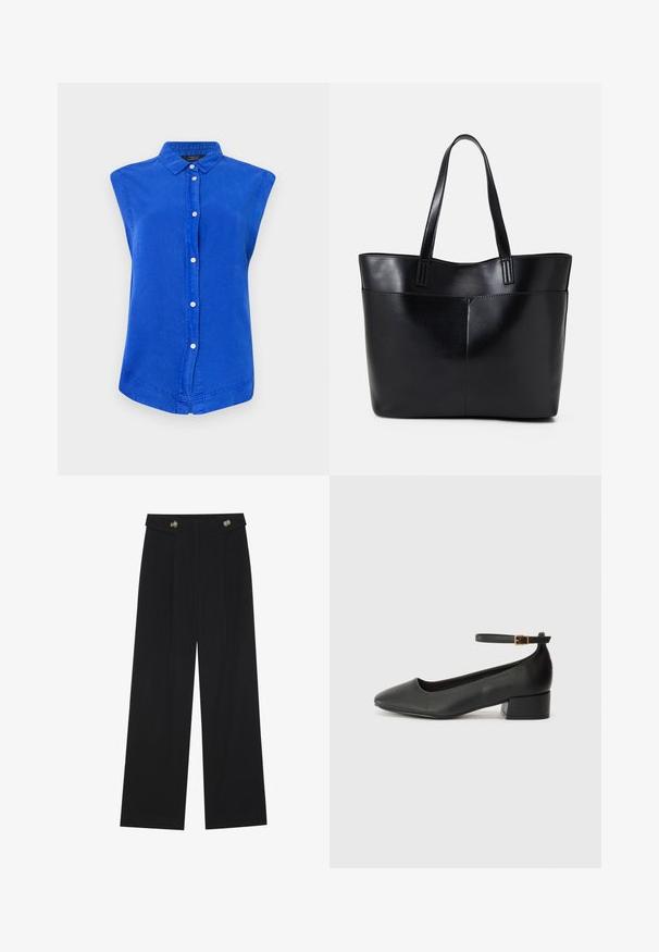 Juodas vieno mygtuko švarkas su išpjovomis, priekinėmis kišenėmis ir šviesiai pilku pamušalu, ištiestas ant balto fono.; Mėlynas be rankovių marškinėliai, pagaminti iš medvilnės, su apykakle, priekinėmis sagų eilėmis ir išlenktu apatine dalimi. Sklandžios tekstūros, kasdieniškas pjūvis.; Juodi plačios kojos kelnės su aukštu liemeniu, sagų detalėmis ant liemens ir priekinėmis raukšlėmis.; Juodas odinis aukštakulnis batelis su smailiu pirštu ir žemu bloku. Su kulkšnies dirželiu su auksinės spalvos sagtimi. Lygus paviršius.; Juoda odinė rankinė su dviem ilgais diržais, lygiu paviršiumi ir struktūrizuota forma. Yra priekinė kišenė papildomam saugojimui.