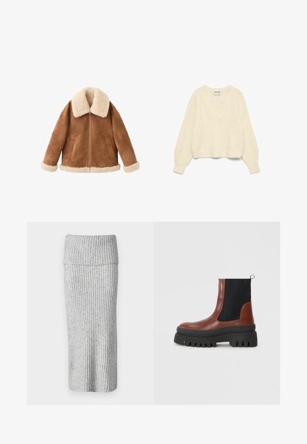 Brun mocka jacka med en krämfärgad fuskpälskrage och manschetter. Har en frontdragkedja och två sidofickor. Mjuk textur och en avslappnad passform.; Elfenbensfärgad stickad tröja med djup V-ringning, långa ärmar och ribbad nederkant. Mjuk textur; något kortad design med oversized passform.; Gina Tricot FOLDED DOWN SKIRT - Maxikjol - grey; Brun läderankelsko med svarta elastiska paneler, kraftig svart gummisula och en dragflik bak för enkel påtagning.