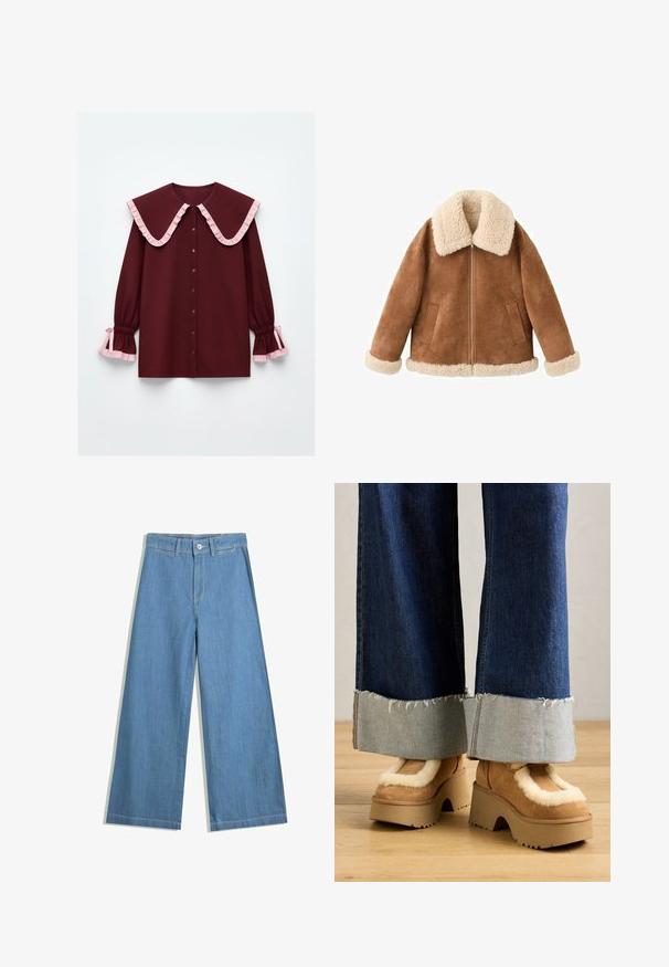 Brun ruskindsjakke med en cremet faux fur-krave og mansjetter. Har en front lynlås og to sidelommer. Blød tekstur og afslappet pasform.; Bordeauxbluse med en stor flæsekant, pink accenter, knaplukning foran og sammensnørede ærmer med pink flæser ved manchetterne.; Lyseblå vidde jeans lavet af denim, med knaplukning, bæltestropper og diskrete syninger.; Brune ruskinds platform støvler med cremefarvet pelsfor, parret med brede denimbukser med rå afslutninger og en lysere denimsmock.