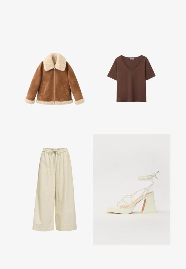 Brun ruskindsjakke med en cremet faux fur-krave og mansjetter. Har en front lynlås og to sidelommer. Blød tekstur og afslappet pasform.; Brun bomulds t-shirt med korte ærmer og dyb V-hals. Enkel design, blød tekstur og lige kant. Ingen mønstre eller detaljer.; Beige, brede benbukser lavet af letvægtsstof, med en elastisk taljehøjden og snoretræk, samt sidelommer. Teksturering.; Hvide højhælede sandaler med en kraftig hæl, der har et stropdesign og ankelbinding. Glat tekstur med en platform foran for ekstra højde.