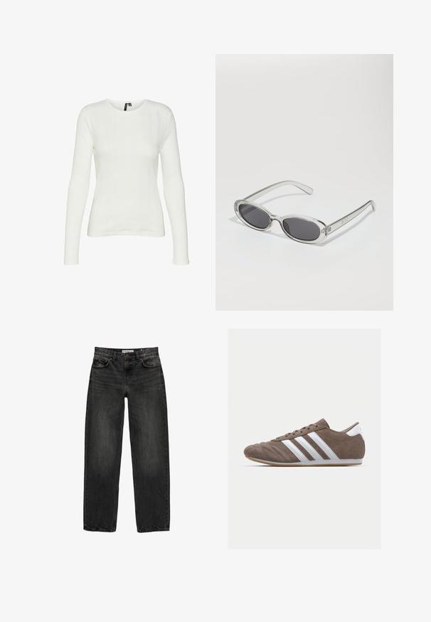 Bruine suède jas met een crème nepleren kraag en manchetten. Voorzien van een ritssluiting aan de voorkant en twee zijzakken. Zachte textuur en een relaxte pasvorm.; Witte lange mouwen shirt met een ronde hals. De stof heeft een gestructureerd patroon met verticale lijnen en ribbeldetails.; Zwarte denim jeans met een relaxte pasvorm, rechte pijpen, vijf-pocket ontwerp en een licht vervaagde textuur. Knop- en ritssluiting aan de voorkant.; Bruine suède sportschoen met witte strepen, ronde neus, vetersluiting en gumrubberen zool. Gestructureerde bovenkant met stikseldetails.; Zonnebril met een ovale vorm, helder plastic montuur, donkergrijze glazen en dunne transparante pootjes met logo-accenten en minimale details.