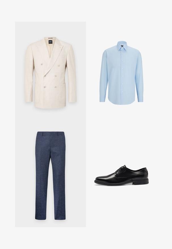 Beige kaksirivinen bleiseri, joka on valmistettu teksturoidusta kankaasta. Siinä on kaksi läpällistä taskua ja viisto kaulus. Brändilogo näkyy kauluksessa.; Vaaleansininen pitkähihaisen paita, joka on valmistettu sileästä kankaasta. Paidassa on nappi-etuosa, terävä kaulus sekä normaali istuvuus.; Tummansiniset housut, jotka on valmistettu teksturoidusta kankaasta, suorilla lahkeilla, tasaisella edessä ja kahdella sivutaskulla. Ei näkyviä kuvioita tai korostuksia.; Musta nahkakengät, joissa on sileä pinta, nauhakiinnitys, pyöristetty varvaskohta ja hienovaraiset tikkauskohteet. Varustettu mustalla kumipohjalla.