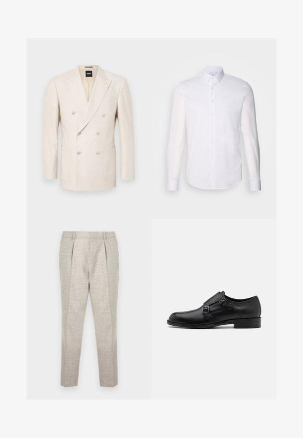 Beige double-breasted blazer made from textured fabric. Features two patch pockets and a notched lapel. Brand label visible inside collar.; White long-sleeve button-up shirt made from cotton, featuring a classic collar, front buttons, and minimal stitching detail.; Light gray tailored trousers with a textured fabric, featuring a flat front, two front pleats, and slim tapered legs, ending just above the ankles.; Black leather dress shoe with dual buckles, sleek silhouette, and round toe. Features a low heel and smooth texture.