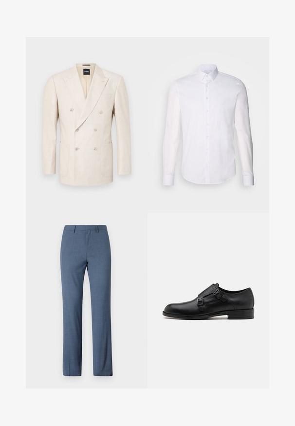 Beež kahe nööbiga bleiser, millel on tekstuuriga kangas. Omab kahte küljetaskut ja lõigatud kraed. Brändi silt on nähtav krae siseküljel.; Valge pikkade varrukatega nööpidega särk, mis on valmistatud puuvillast, klassikalise krae, eest nööpide ja minimaalsete õmblusdetailidega.; Heledad hallhargus, millel on sile tekstuur, sirge lõikega, kahe esise taskuga ja lamedate esiosade kujundusega.; Musta nahast kleitking, kus on kaks pandlat, voolava silueti ja ümarate varvastega. Omab madalat kontsa ja siledat tekstuuri.