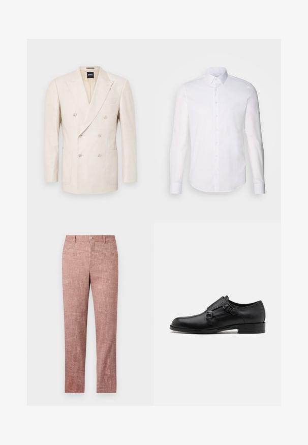 Beigā dubultā krusta blazer, kas izgatavots no teksturēta auduma. Tam ir divas pielāgotas kabatas un izgriezts uzvalks. Zīmola birka redzama iekšpusē, apkakles daļā.; Balta kokvilnas krekla garajām piedurknēm ar pogām, kura dizainā ir klasiskā apkakle, priekšējās pogas un minimālistiska šuvju detaļa.; Sarkans teksturēts bikses ar taisnu kāju dizainu, priekšējiem kabatām un pogu aizdari. Audumam ir austs raksts, kas piešķir papildu detaļu.; Melnas ādas kleitas kurpes ar diviem sprādzēm, elegants siluets un apaļš purngals. Iezīmējas ar zemu papēdi un gludu tekstūru.