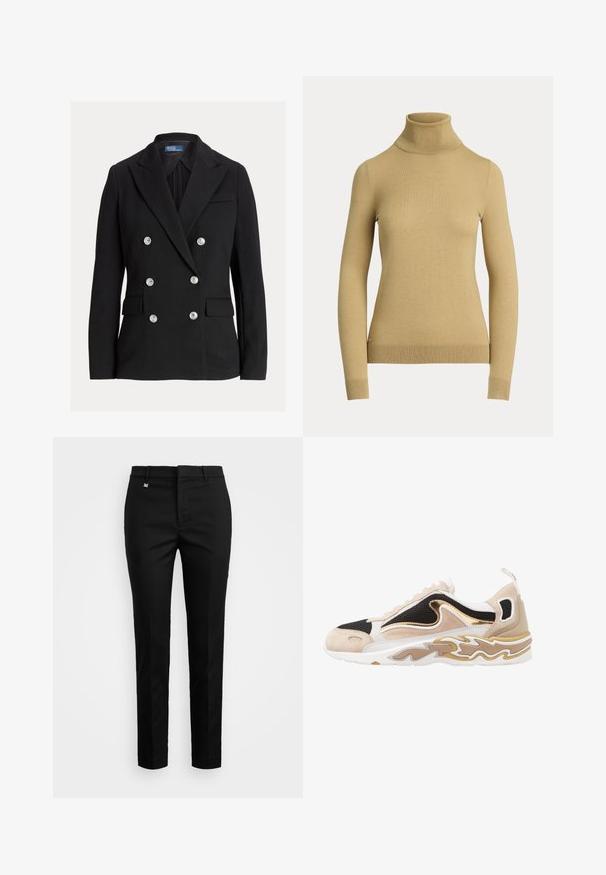 Blazer negro de doble botonadura con seis botones plateados, solapas con muesca, bolsillos de solapa y etiqueta de Polo by Ralph Lauren en el interior del cuello.; Jersey de cuello alto en un beige claro, hecho de un punto suave y liso. Presenta mangas largas y una silueta ajustada con un dobladillo acanalado.; Pantalones negros con un corte ajustado, textura suave y frente plano con pliegues sutiles. Incluyen una cintura con trabillas y un pequeño logo.; Zapatilla con una parte superior de malla negra, acentos de ante color beige y un detalle metálico dorado. Tiene una suela blanca con un diseño en patrón de ola.