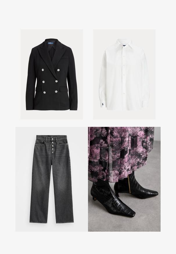 Črn dvoredni blazer z šestimi srebrnimi gumbi, izrezanimi klapami, žepki z zavihkom in oznako Polo by Ralph Lauren znotraj ovratnika.; Bela srajca z dolgimi rokavi s klasičnim ovratnikom, zapenjanjem na gumbe in majhnim izvezenim logotipom na manšeti. Gladek bombažni material z enostavno teksturo.; Črne široke kavbojke z visokim pasom in petimi gumbi, ki vključujejo sprednje žepe in dotrajano teksturo. Kakovosten denim z ravnim krojem.; Črne usnjene gležnjarje s kroko teksturo, koničastim nosom in majhnim blokom; na strani imajo zlat zadrgo.