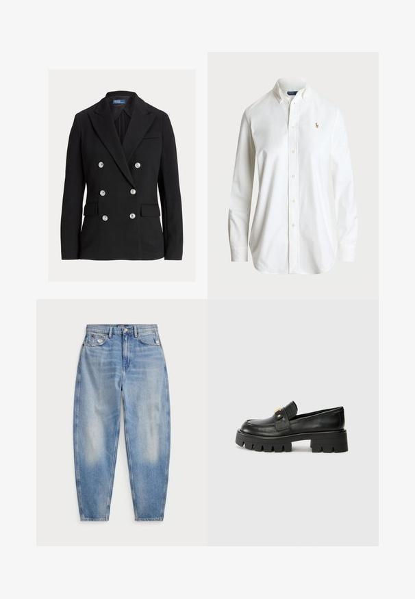 Črn dvoredni blazer z šestimi srebrnimi gumbi, izrezanimi klapami, žepki z zavihkom in oznako Polo by Ralph Lauren znotraj ovratnika.; Bela srajca na gumb s klasičnim ovratnikom, dolgimi rokavi in diskretno vezenim logotipom na prsih. Narejena iz kakovostne bombažne tkanine.; Svetlo modri hlače z visokim pasom in ožjim krojem, sprednji in zadnji žepi, rahlo obrabljen videz v bližini sprednjih žepov ter gumbasta zaponka.; Črne usnjene loaferje z debelim podplatom, ki imajo zlatoten naglas na sprednji strani in gladko površino. Debela oblika profila na podplatu.
