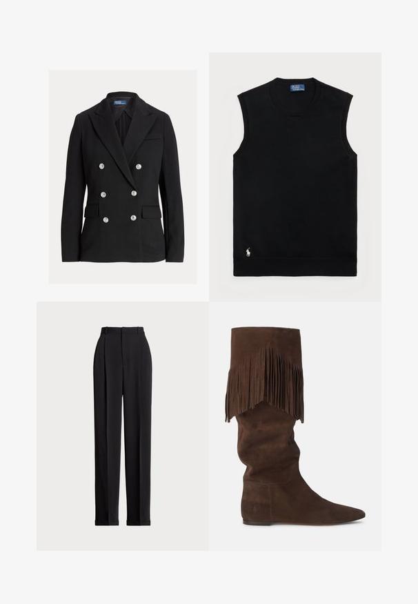 Fekete, kétgombos zakó hat ezüst gombbal, recés hajtókával, zsebtáskákkal és Polo by Ralph Lauren címkével a gallér belső oldalán.; Fekete ujjatlan pamut pulóver kerek nyakkivágással. Az alján bal oldalon egy kis fehér logó található, és bordázott díszítéssel rendelkezik.; Fekete, testre szabott nadrág magas derékkal, elöl redőkkel, egyenes láblineáris kialakítással és halkézével. Sima anyagból készült.; Barna velúr térd fölé érő csizma laza kialakítással, hosszú fröccsölő díszítéssel a felső részen és hegyes orral. Lapos talp finom varrási részletekkel.