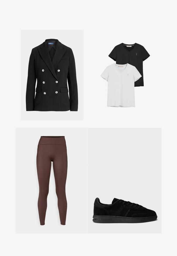 Czarny dwurzędowy żakiet z sześcioma srebrnymi guzikami, klapami i kieszeniami z przodu, z metką Polo by Ralph Lauren wewnątrz kołnierza.; Bawełniane t-shirty z dekoltem w serek, jeden czarny i jeden biały, krótkie rękawy, z haftowanym logo na piersi, gładka faktura, casualowy design.; Brązowe legginsy z wysokim stanem, wykonane z gładkiego, elastycznego materiału. Charakteryzują się dopasowanym krojem i bezszwowym wyglądem na szwach.; Czarne zamszowe sneakersy o niskim profilu, z teksturowaną powierzchnią, płaskimi sznurowadłami i gumową podeszwą. Posiadają subtelne kontrastowe paski oraz logo.