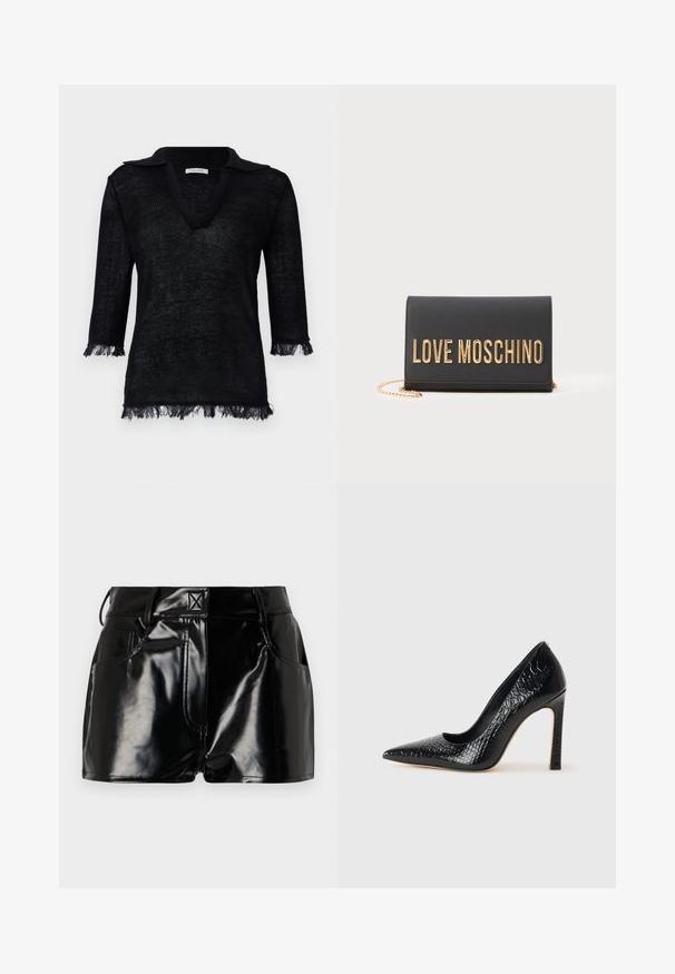 Brązowa aksamitna marynarka dwurzędowa z złotymi guzikami, klapami i dwoma przednimi kieszeniami. Gładka faktura i zwięzły krój.; Czarny sweter z dzianiny z dekoltem w kształcie litery V i kołnierzykiem. Posiada rękawy o długości trzech czwartych z frędzlami przy mankietach i u dołu. Teksturowany materiał.; Czarne, błyszczące spodenki wykonane z materiału syntetycznego. Posiadają dopasowaną talię, szlufki na pasek oraz przednie kieszenie z wyraźnymi detalami stębnowania.; Czarne szpilki z ostrym noskiem, pokryte teksturą skóry krokodyla, charakteryzujące się eleganckim wzornictwem, wysokim obcasem w stylu stiletto oraz gładkim czarnym wnętrzem.; Czarna skórzana kopertówka z złotym logo "LOVE MOSCHINO", złożona konstrukcja i złoty łańcuszek. Gładka faktura i minimalistyczny styl.