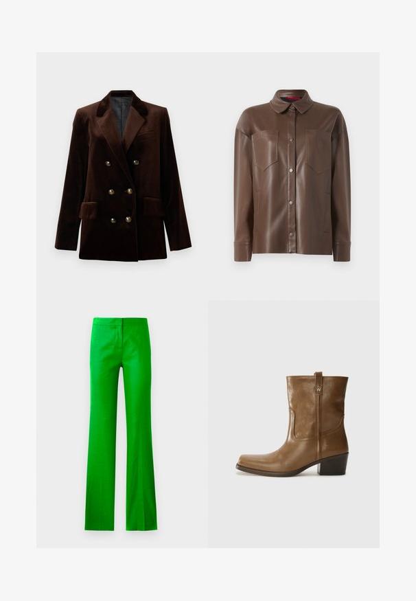 Hnedý zamatový dvojradový blejzer so zlatými gombíkmi, klopovým golierom a dvoma prednými vreckami. Hladká textúra a štruktúrovaný dizajn.; Hnedá koženka košela s golierom, predným zapínaním na gombíky a dvoma náprsními vreckami. Obsahuje hladkú textúru a prispôsobený strih.; Jasne zelené, rozšírené nohavice vyrobené z hladkej látky, s plochým predným dielom a bez viditeľných vreciek. Čistý, minimalistický dizajn.; Hnedé kožené členkové topánky so štvorcovou špičkou, textúrovaným povrchom a nízkym vrstveným podpätkom. Obsahujú zadný úchyt a diskrétne prešívanie.