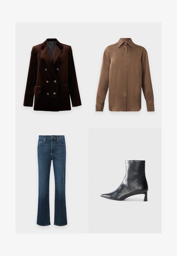 Pruun sametist kahe rindaustega bleiser kullast riistadega nööpide, peenikeste kraede ja kahe eesmine taskuga. Sile tekstuur ja struktureeritud disain.; Pruun pikkade varrukatega nööbitav särk terava krae ja mansettidega, esitatud lihtsa valge tausta ees.; Tumed sinised flared teksad. Omavad viit taskut, nööpkinni ja peent pleekimist jalgade ulatuses. Äärte õmbluste detail on nähtav.; Mustad mustall nahkasaabas terava nina ja stiilse disainiga. Omab madalat konts ja luku sulgemist taga. Sile tekstuur.