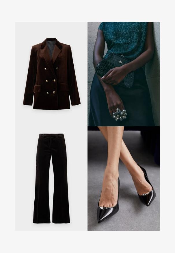 Blazer double boutonnage en velours marron avec des boutons en métal doré, des revers crantés et deux poches avant. Texture lisse et design structuré.; Chemise blanche à manches longues en lin, ornée d'une broderie complexe en forme d'étoile sur le devant et les poignets, avec un design de col classique.; Débardeur gris à côtes avec un design ajusté, des emmanchures larges et une encolure arrondie. Fabriqué en coton doux avec une texture lisse.; Pantalons en velours côtelé noirs évasés avec une taille structurée, une texture lisse et des ouvertures de jambe larges, créant une silhouette décontractée.; Chaussures à talons hauts en cuir noir avec un bout pointu et un design ouvert, featuring un accent décoratif en argent. Texture lisse avec une finition polie.; Sac à main en cuir noir à motif crocodile avec des finitions en métal argenté, posé sur un fond texturé gris. Présente une surface brillante.